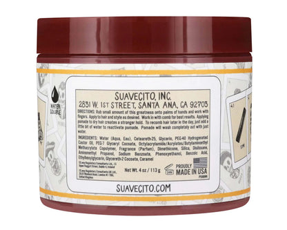 Back of a Suavecito hair product jar with label and branding.