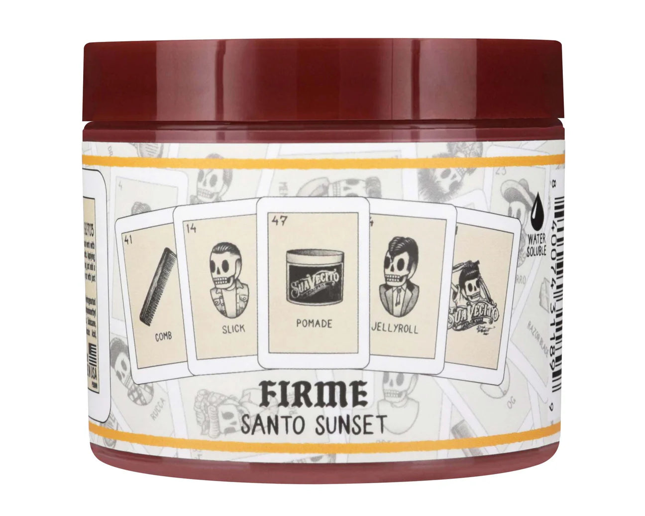 Jar of Firme Santo Sunset pomade with branding and product details on a white background