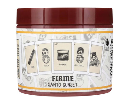 Jar of Firme Santo Sunset pomade with branding and product details on a white background