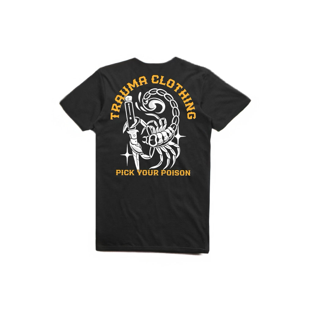Black t-shirt with yellow and white graphic design on a white background