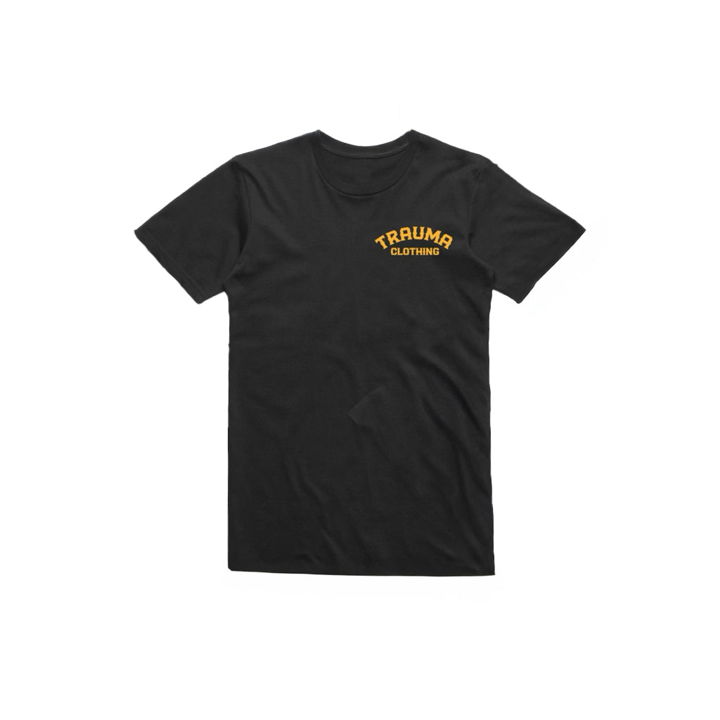Black t-shirt with 'Trauma Clothing' logo on a white background