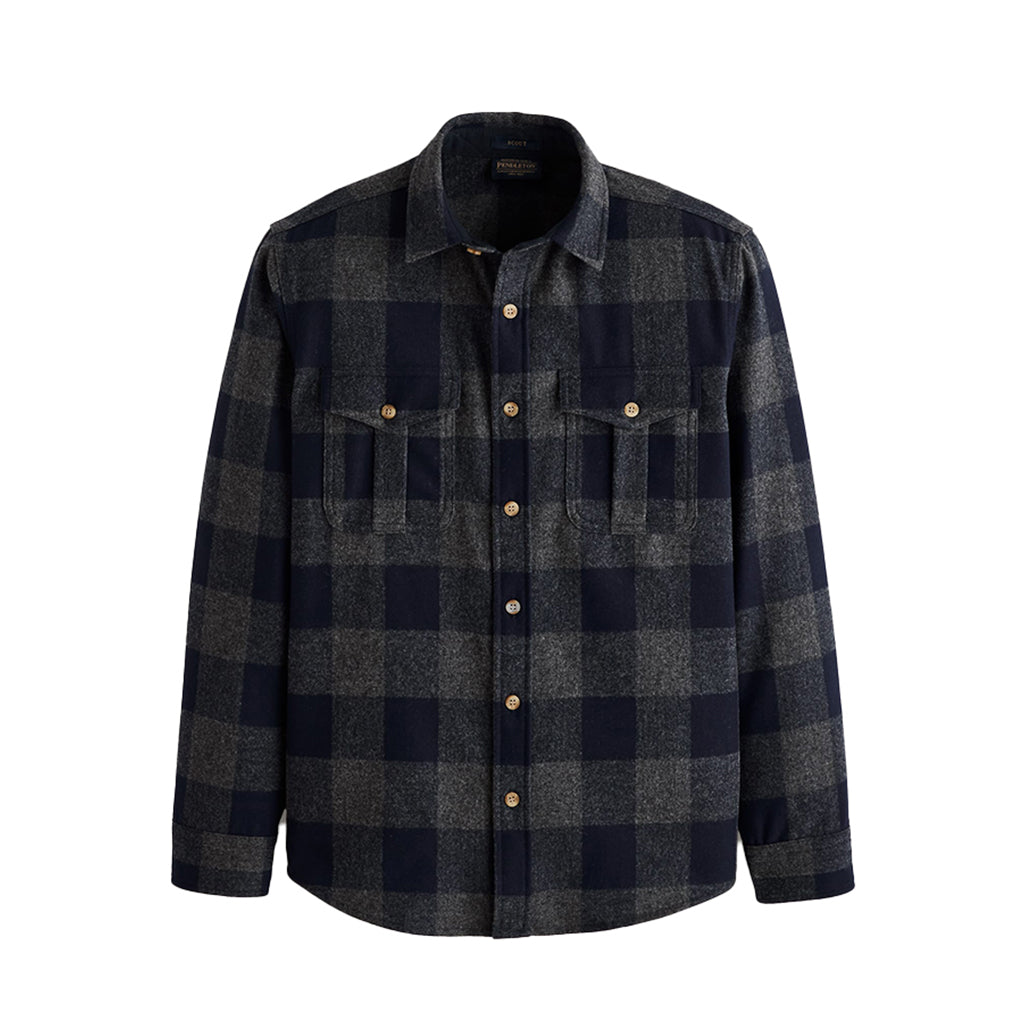 Plaid shirt with dark gray and navy pattern on a white background