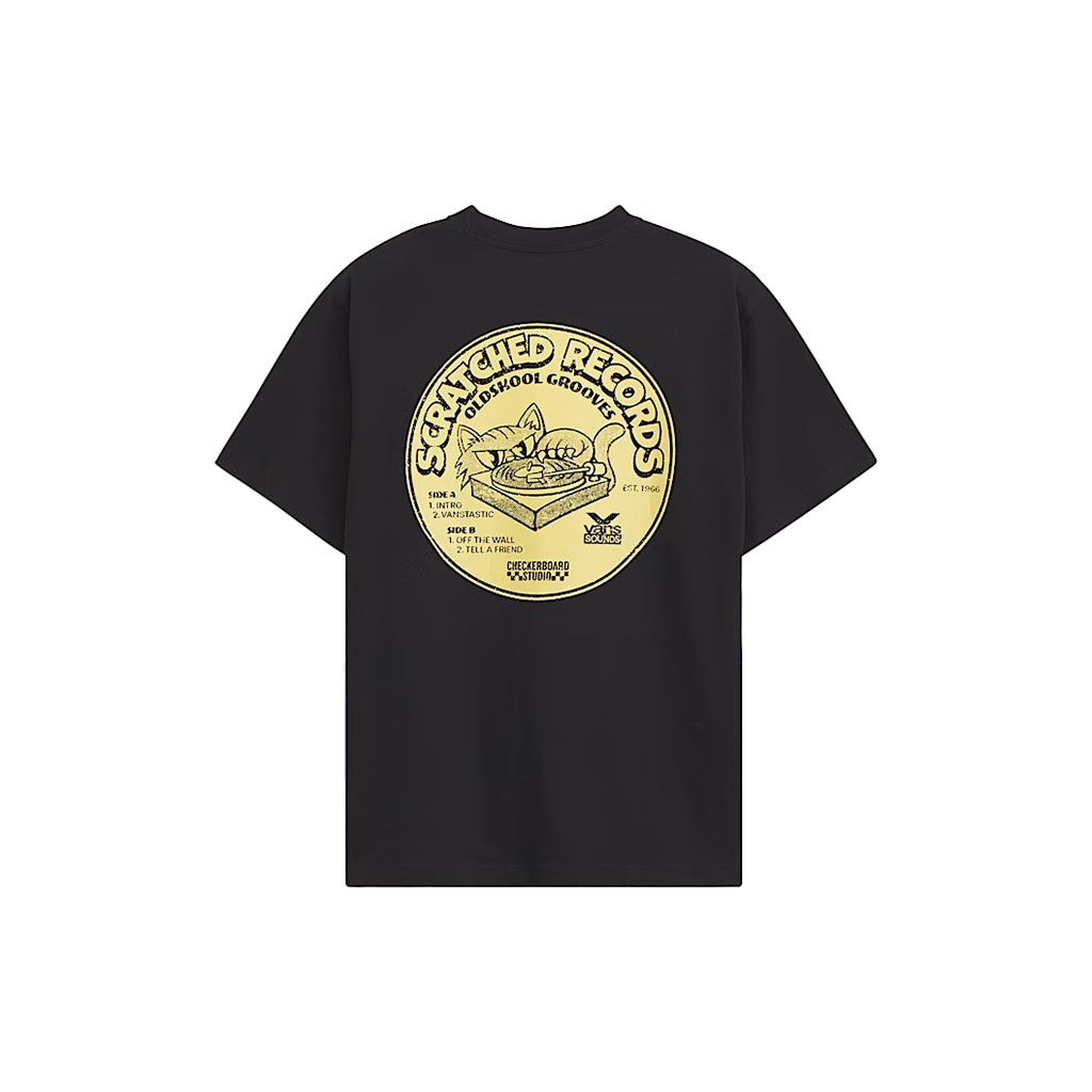 Black t-shirt with yellow graphic design on a white background