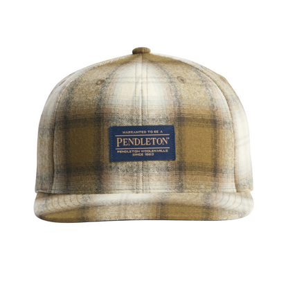 A plaid flat brim hat with an olive green color scheme and an adjustable back closure, featuring a Pendleton brand label.