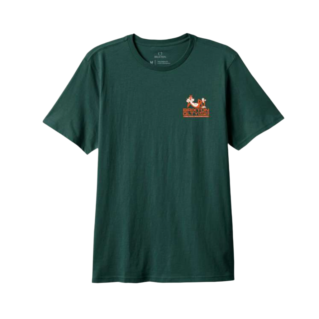 A deep emerald green, short-sleeved crew neck t-shirt with a graphic print in the center.