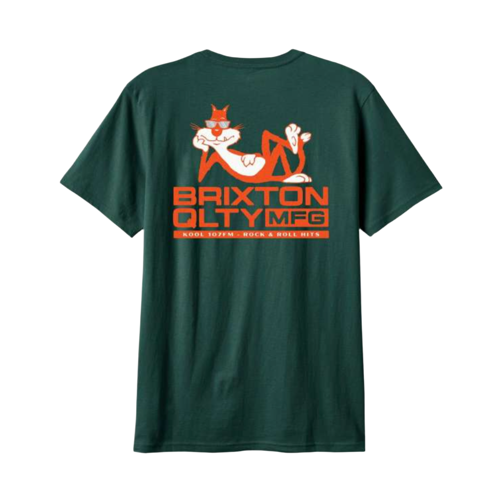 A deep emerald green, short-sleeved crew neck t-shirt with a graphic print in the center.