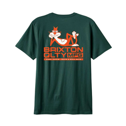 A deep emerald green, short-sleeved crew neck t-shirt with a graphic print in the center.