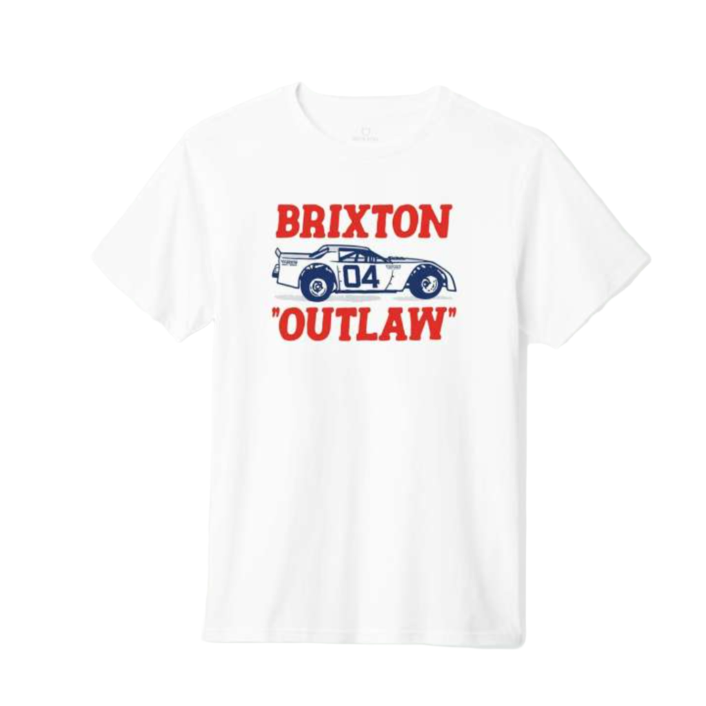 White short-sleeved T-shirt with 'Brixton Outlaw' graphic print in the center featuring a car.