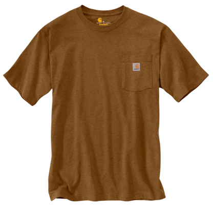 A brown, short-sleeved Carhartt t-shirt with a chest pocket and rib-knit crewneck.