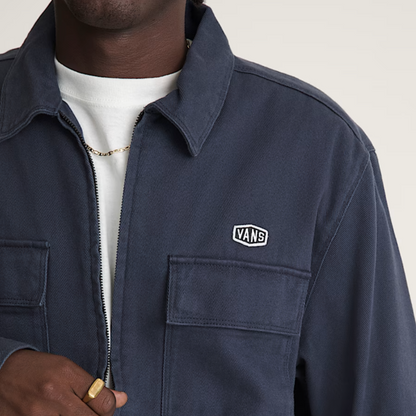 Navy blue jacket with a brand logo on a white background