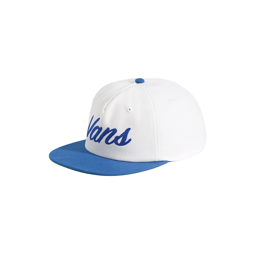 White and blue Vans cap on a white background