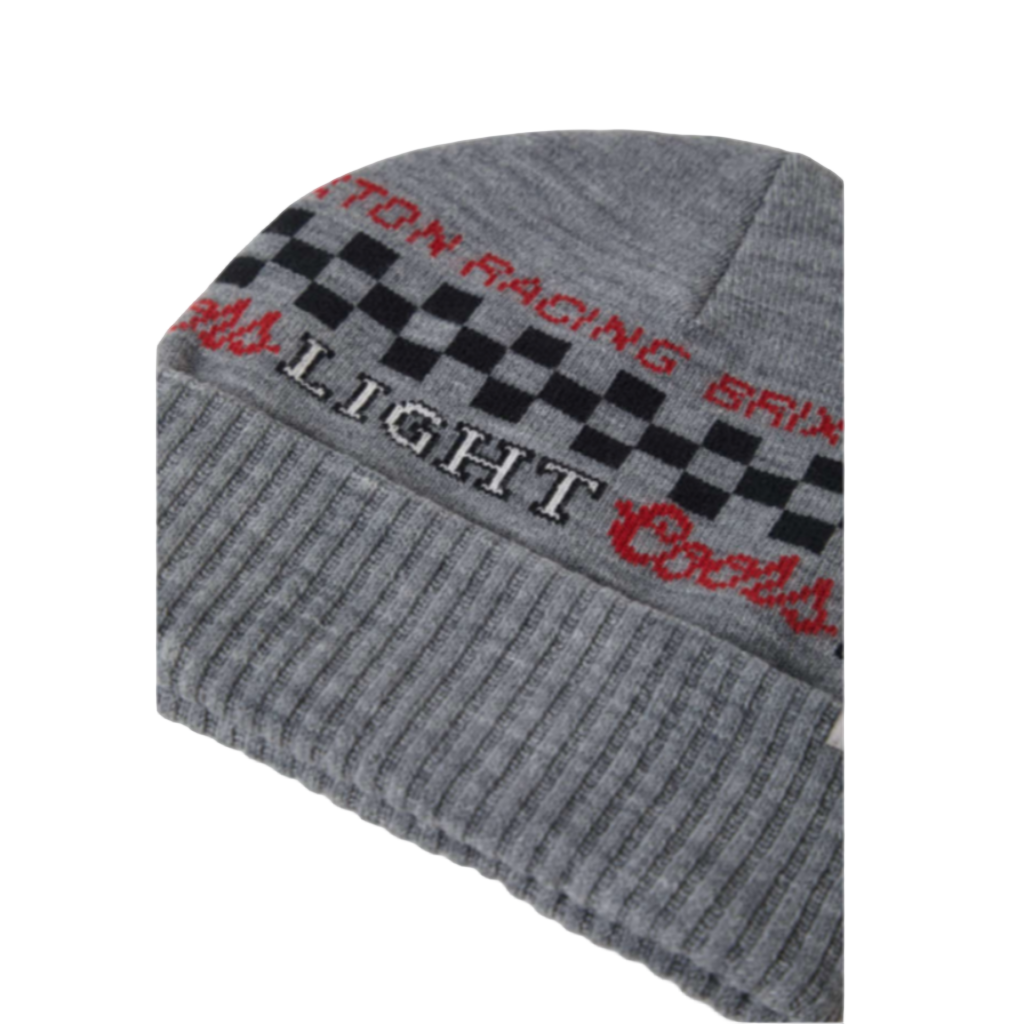 Gray beanie with text and checkered pattern on a white background