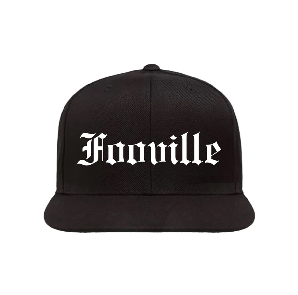 Black cap with 'Fooville' text on a white background