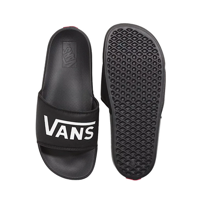Black Vans slide-on sandals on a white background