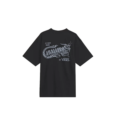 Black t-shirt with white graphic design on a white background