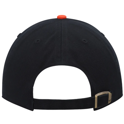 Black cap with a white interior and orange button on a white background