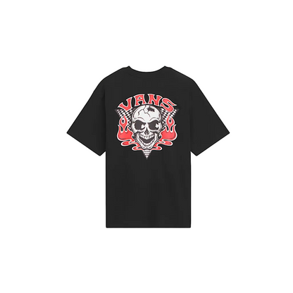 A black Vans short-sleeve t-shirt with a large graphic on the chest featuring a skull, red flames, and the Vans logo, displayed against a white background.