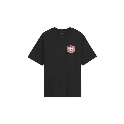 A black short-sleeve crewneck t-shirt with a small cartoon bear graphic on the left chest, presented on a white background.
