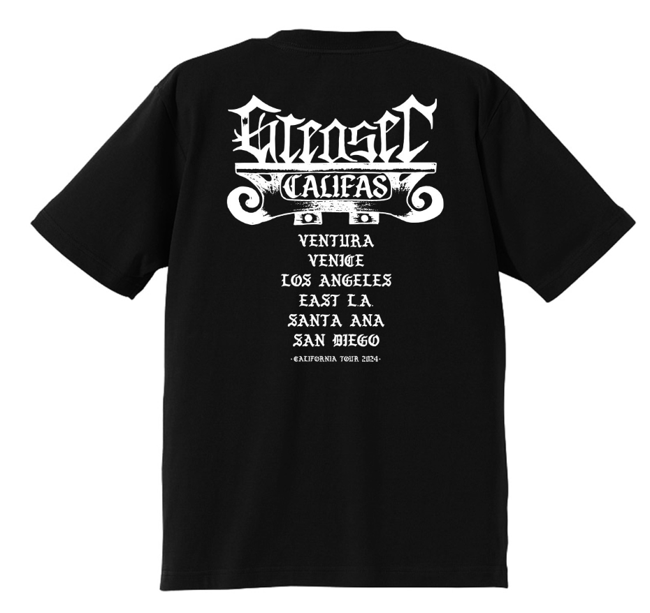 Black T-shirt with white text and graphics on the back featuring Japanese inspired brand Greaser 13.