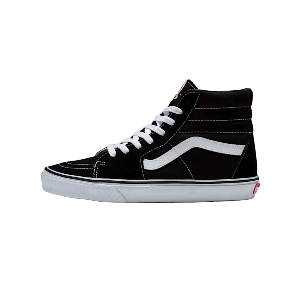 Black high-top sneaker with white laces and a white sole on a white background
