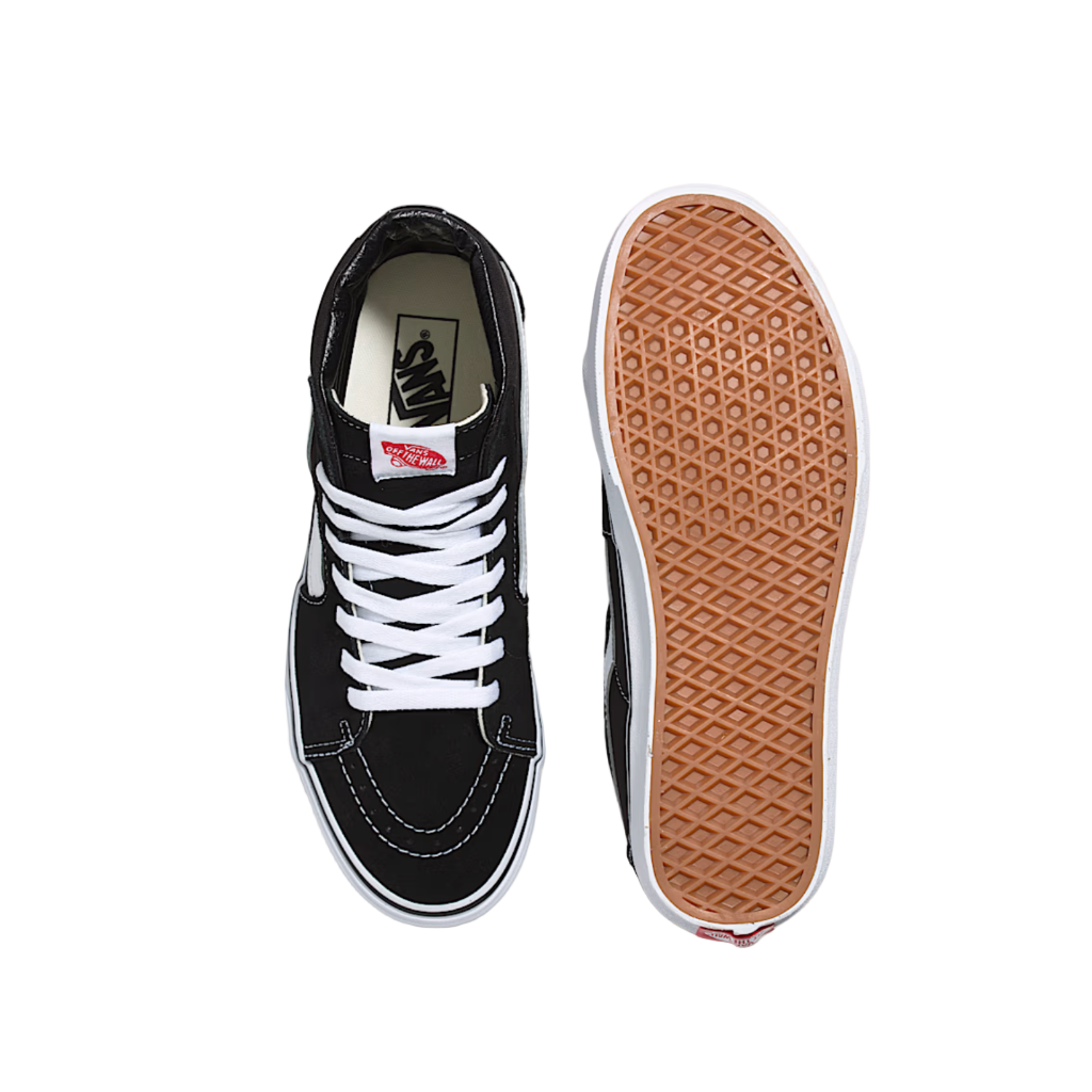 Black sneaker with white laces and brown sole on a white background