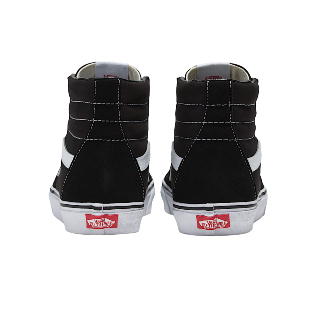 Black high-top sneakers with red Vans logo on a white background