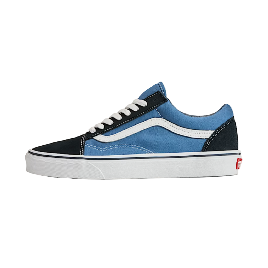 Blue and black sneaker with white laces on a white background