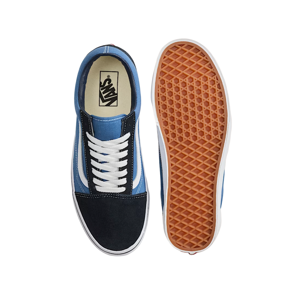 Blue and black sneaker with white laces, shown from the side and bottom view on a white background.