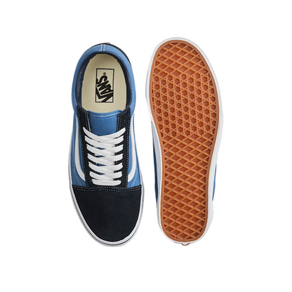 Blue and black sneaker with white laces, shown from the side and bottom view on a white background.