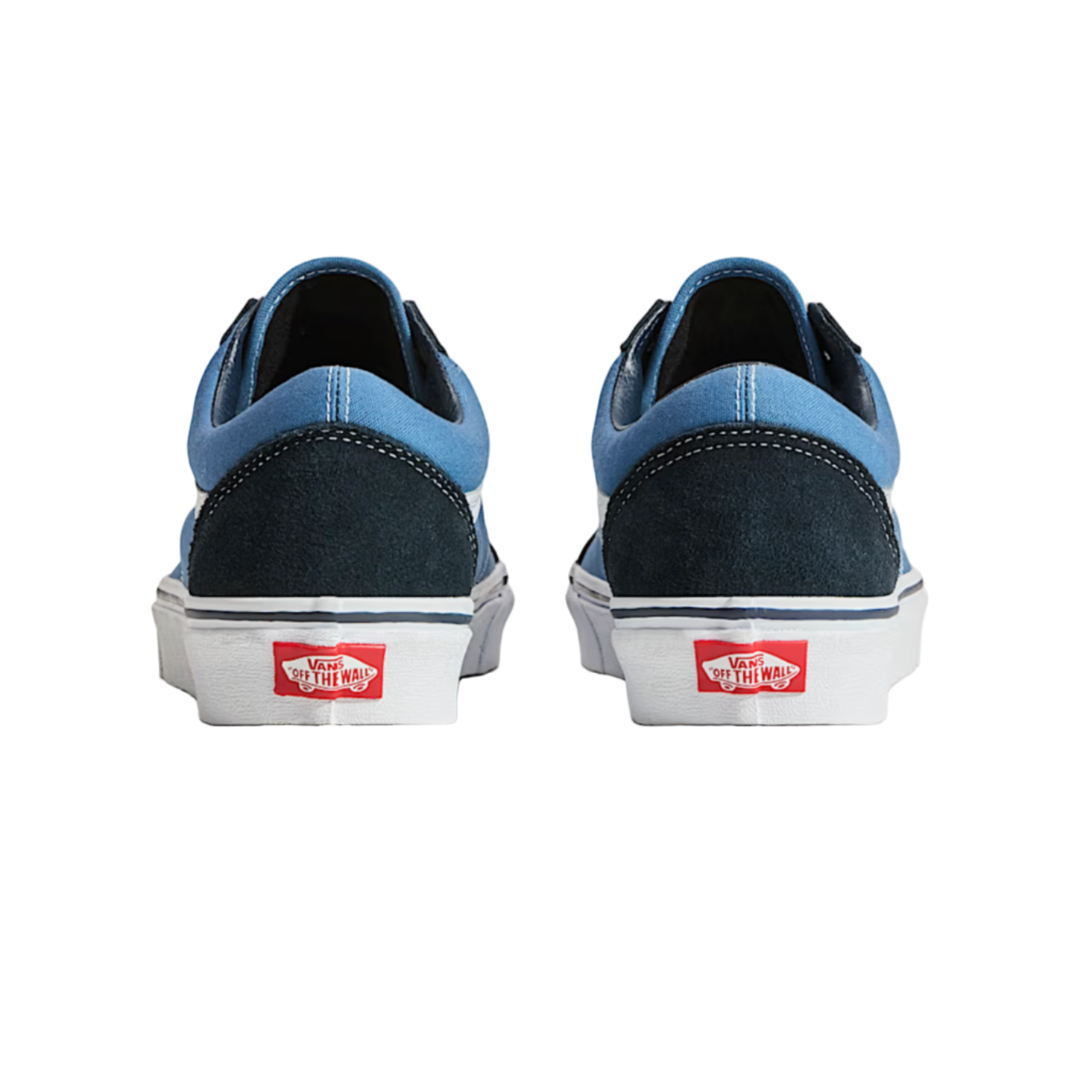 Blue Vans sneakers shown from the back on a white background