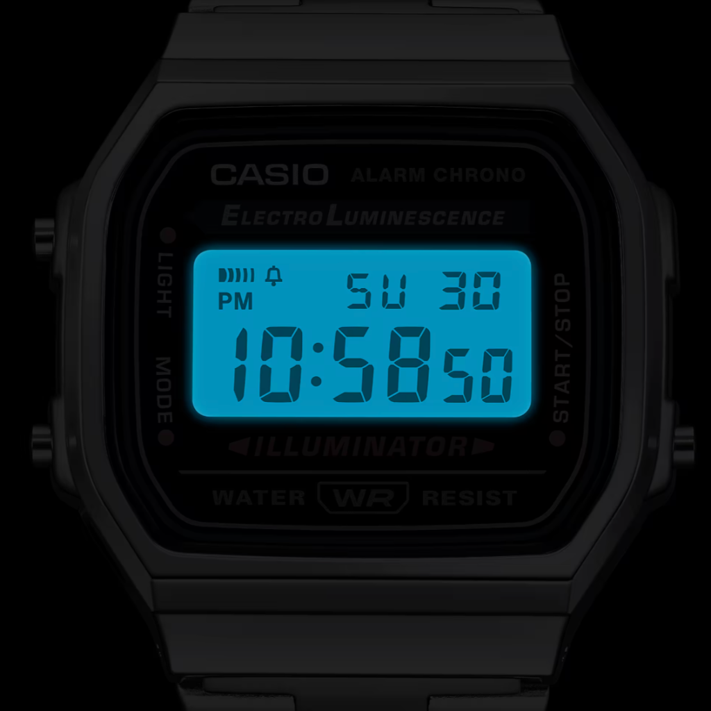 Digital Casio watch with blue screen on a black background