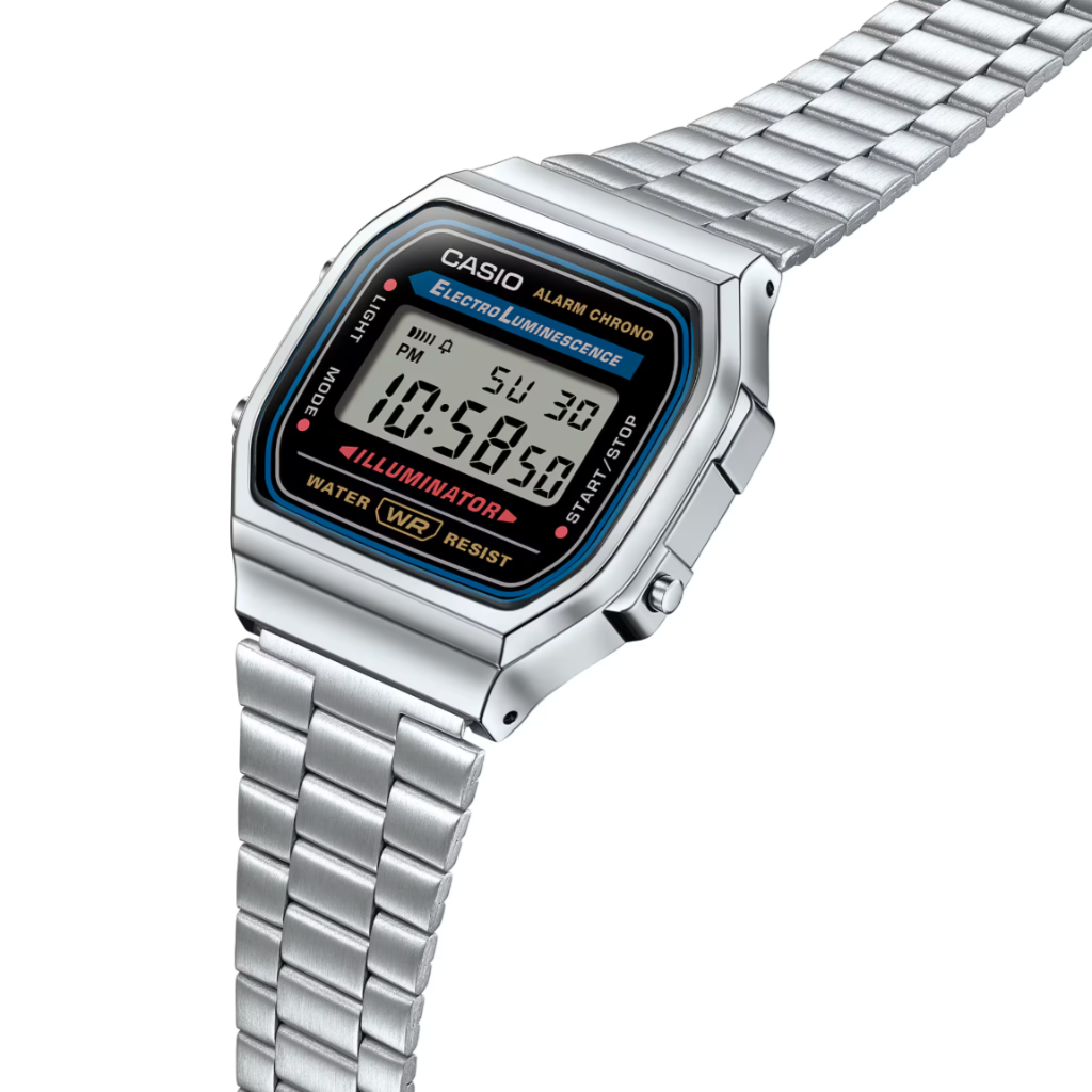 Casio digital watch with metal strap on a white background