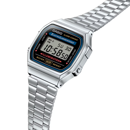 Casio digital watch with metal strap on a white background