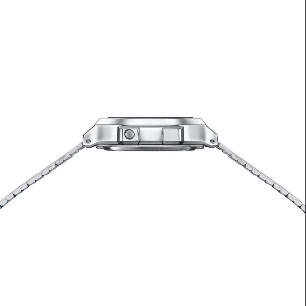 Close-up of a silver watch strap on a white background