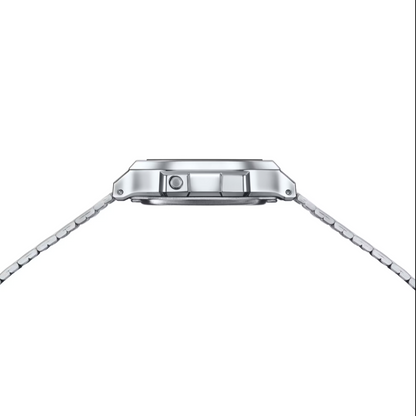 Close-up of a silver watch strap on a white background