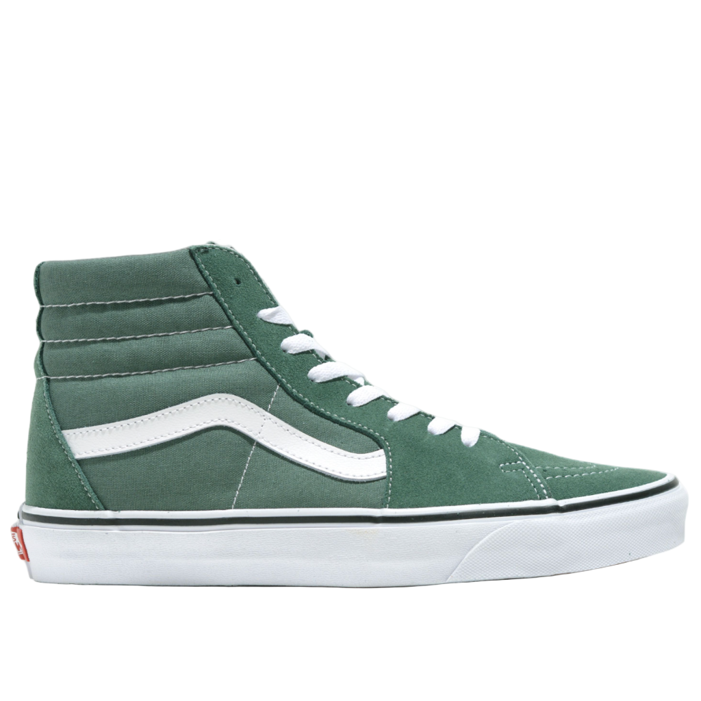 Green high-top sneaker with white accents on a white background