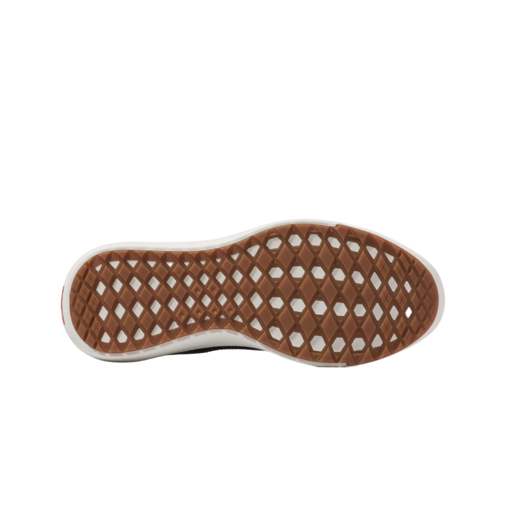 Close-up of a shoe sole with brown pattern on a white background