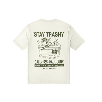 Beige t-shirt with graphic design and text on a white background