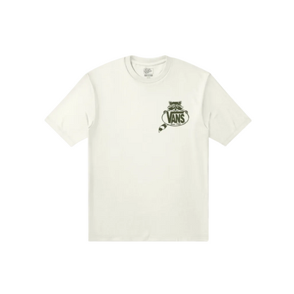 White t-shirt with a logo on a white background