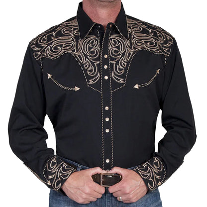 Black embroidered western shirt on a white background