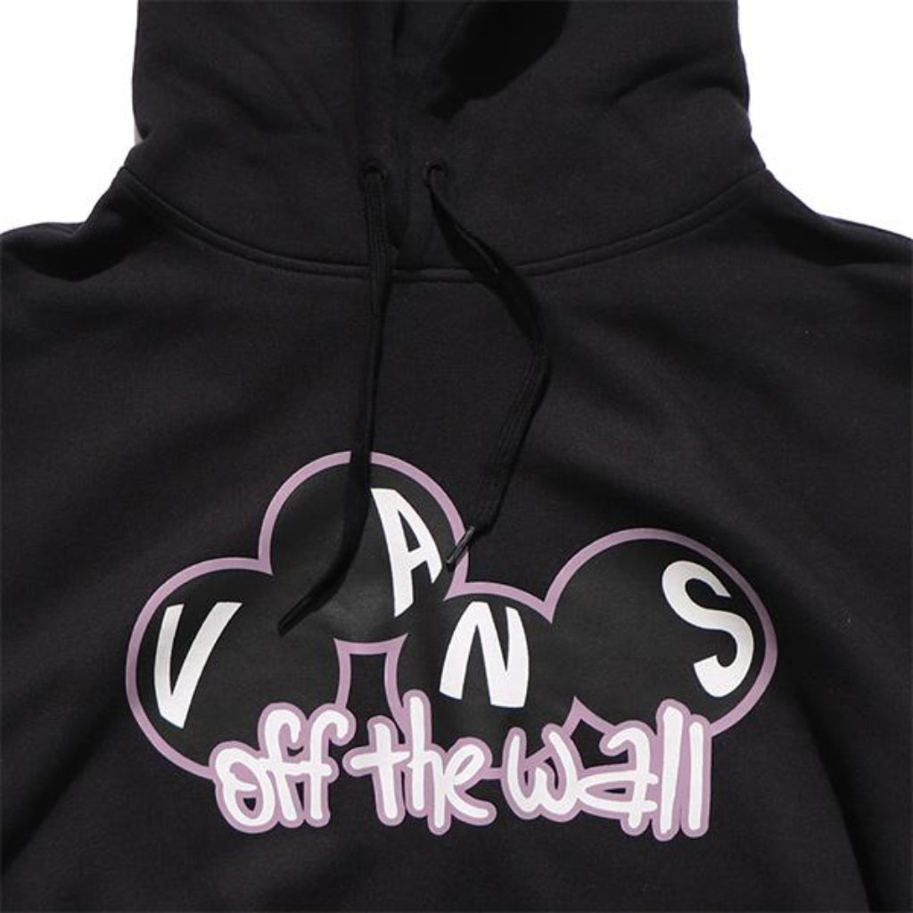 close up of vans logo on a black hoodie 