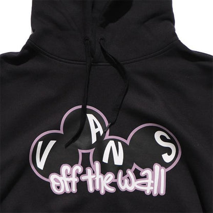 close up of vans logo on a black hoodie 