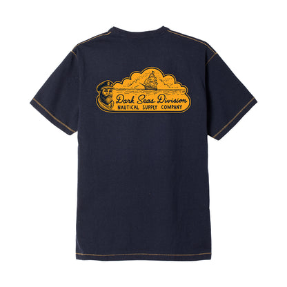 Navy blue t-shirt with yellow graphic and text on a white background