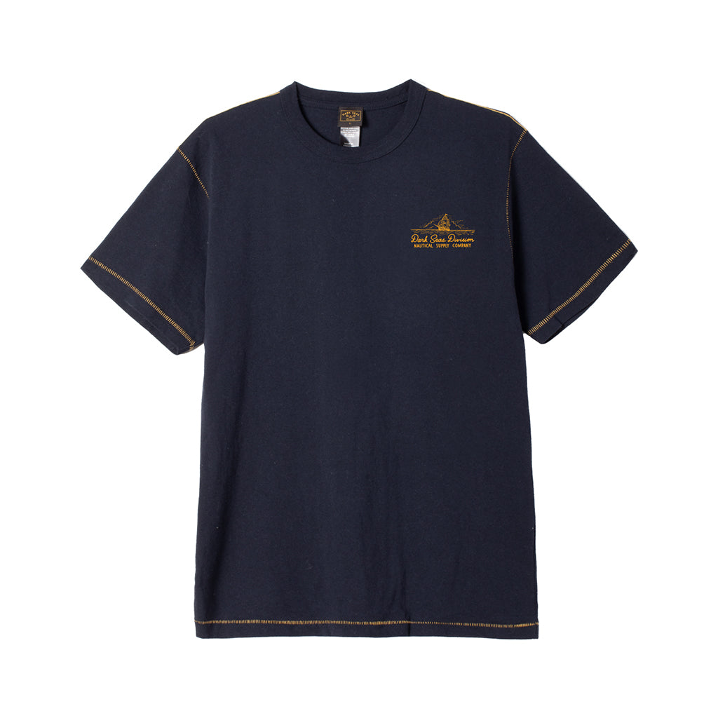 Navy blue t-shirt with a logo on a white background