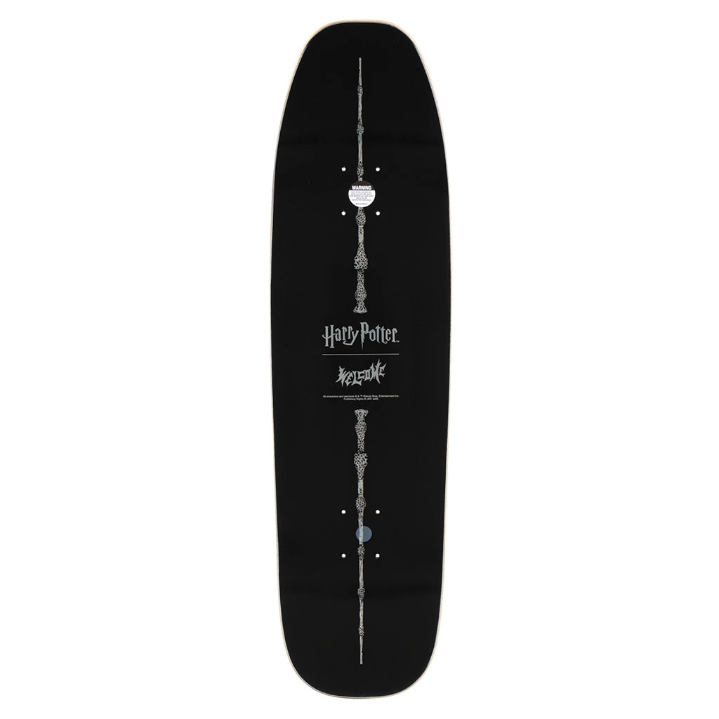 Black skateboard deck with 'Harry Potter' design on a white background