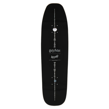Black skateboard deck with 'Harry Potter' design on a white background
