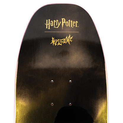 Skateboard deck with 'Harry Potter' and 'Welcome' text on a black and yellow gradient background