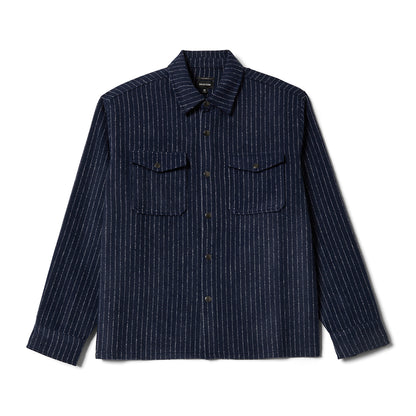 Navy pinstripe shirt with two front pockets on a white background