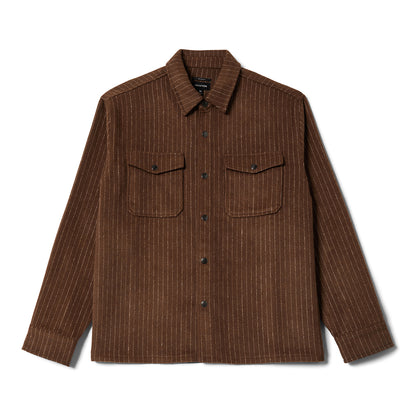 Brixton Selden Flannel is a soft brushed flannel in brown with white pinstripes on a white background
