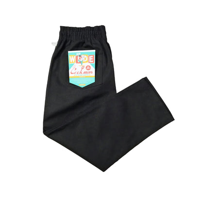 Black pants with a colorful pocket design on a white background